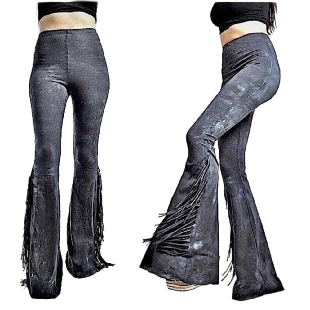 LONG LENGTH Fringe Bell Bottoms - High Waisted Tie Dye Bell Bottom Pants Rocker